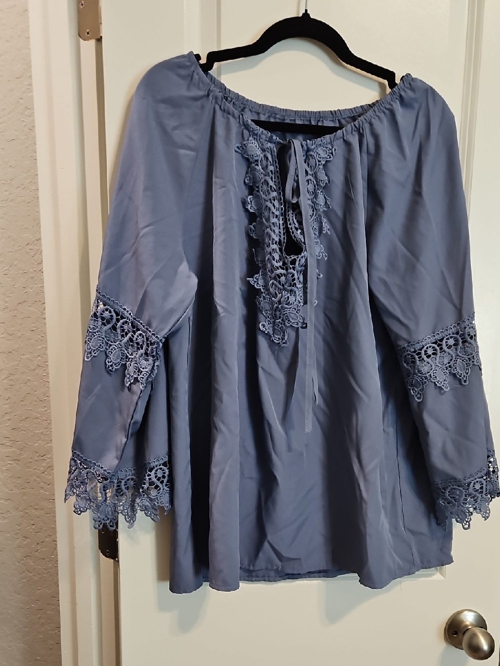 Source Unknown Dusty Blue Lace-Trim Peasant Tunic